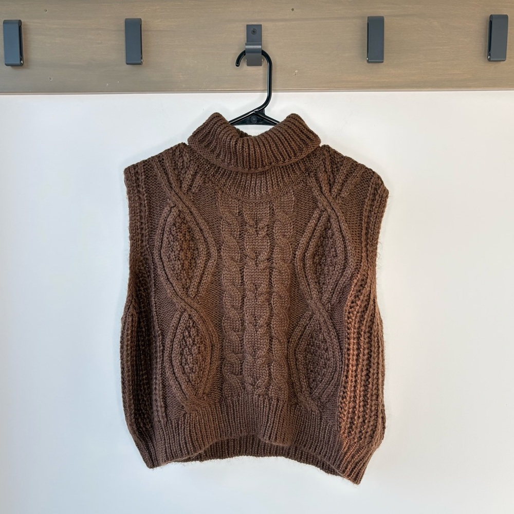 Anthropologie Brown Cable Knit Sweater Vest One Size Chunky Turtleneck